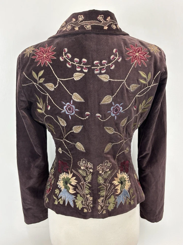 Chaqueta Blazer Marca PINKO Terciopelo Talla 44 Mujer Marrón/Púrpura Floral Bordada Foto 3 de 4