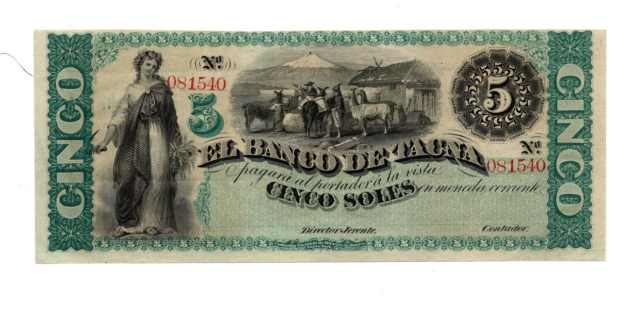 Peru - Banco de Takna - 5 Soles Note - 18xx - S384r - Uncirculated