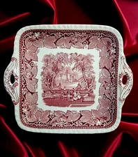 Vintage Mason's Ironstone Vista Pink 11" Square Handled Cake Plate England