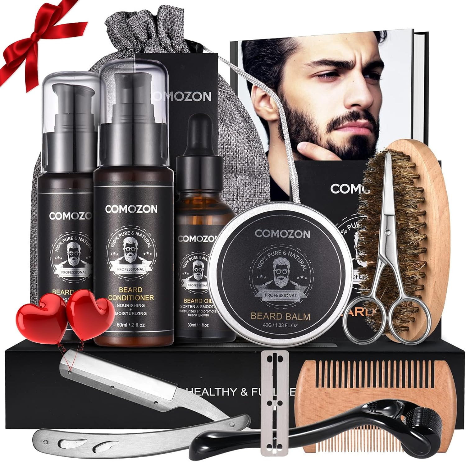 Kit Barbe Homme Complet 12 En 1 avec rouleau derma noir pour stimuler la pousse