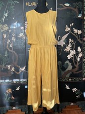 100 Cotton Mustard Sleeveless Elastic Waist Button Back Woman s Jumpsuit Sz L