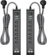 20FT Power Strip Surge Protector - 2 Pack Extension Cord with 6 Outlets 4 USB Po