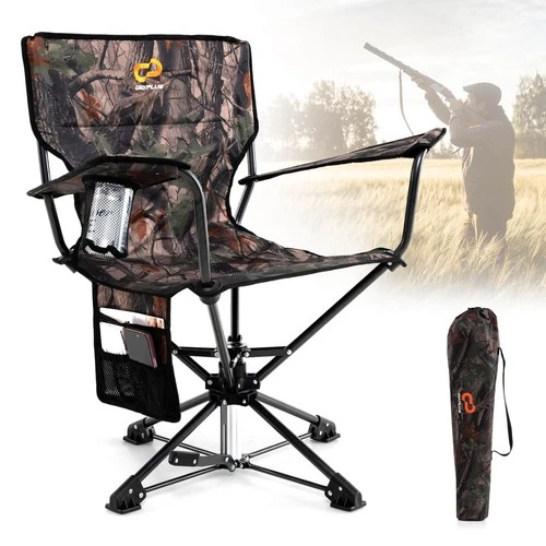 360° Swivel Hunting Chair with Mesh Cup Holder & Storage Pockets Cozy Backrest