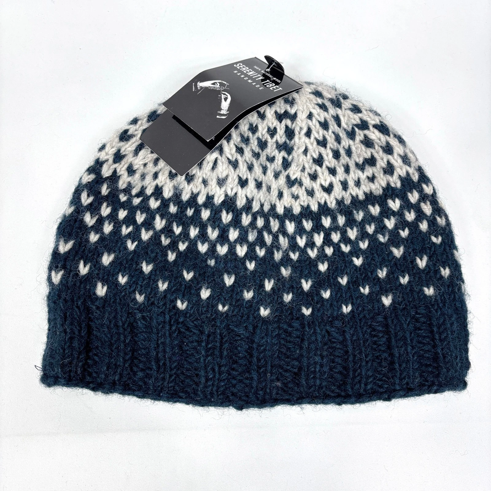 NWT Serenity Tibet Nepal Hand-Knitted 100% Natural Wool Fleece-Lined Beanie Hat