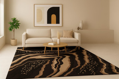 Hand-Tufted Wool and Silk Area Rug   Modern Black & Camel Abstract Design