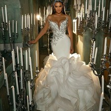 Off Shoulder Mermaid Beading Wedding Dresses Tiered Ruffles Beaded Bridal Gowns