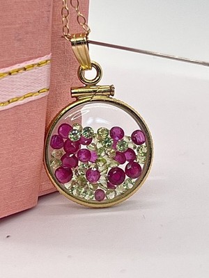 14k Gold gefüllt Groschen Größe Lucite Shaker Medaillon mit Rubinen und Peridot