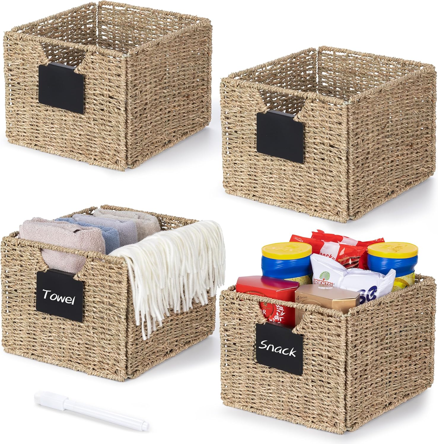 Seagrass Storage Baskets with Labels, 10.5X9X7.5In Wicker Storage Basket, Storag