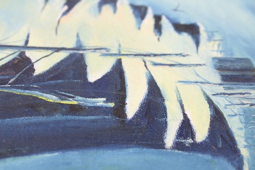 House on Cliff and Bridge Acrylic Painting 20x16" Mountains Blue Birds - Picture 6 of 11