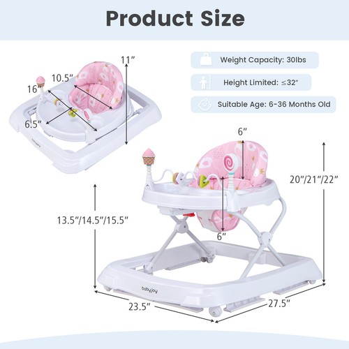 Baby Foldable Activity Walker w/ Adjustable Height& Detachable Seat Cushion - Picture 2 of 7