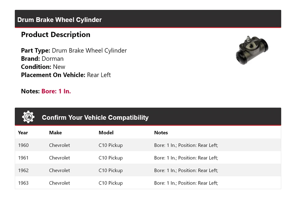 Cilindro de rueda de freno de tambor trasero izquierdo para camioneta Chevrolet C10 Dorman 1960-1963 Foto 2 de 4