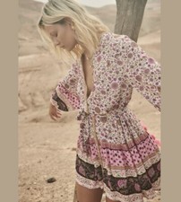 SPELL Boho Mini Dress Lady Untamed Tunic Sz XS Pink Purple Long Balloon sleeve