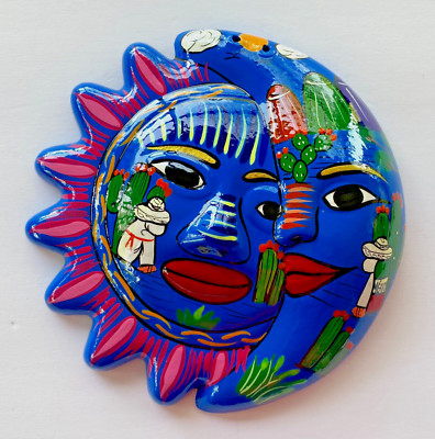 Mexican Sun Moon Face Eclipse Folk Art Talavera Pottery Hand Painted 8 1/2''  #9