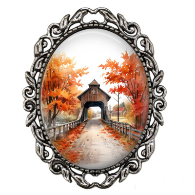 Rustic Wooden Bridge Brooch Pin Fall Trees Autumn Leaves Watercolor Art Print