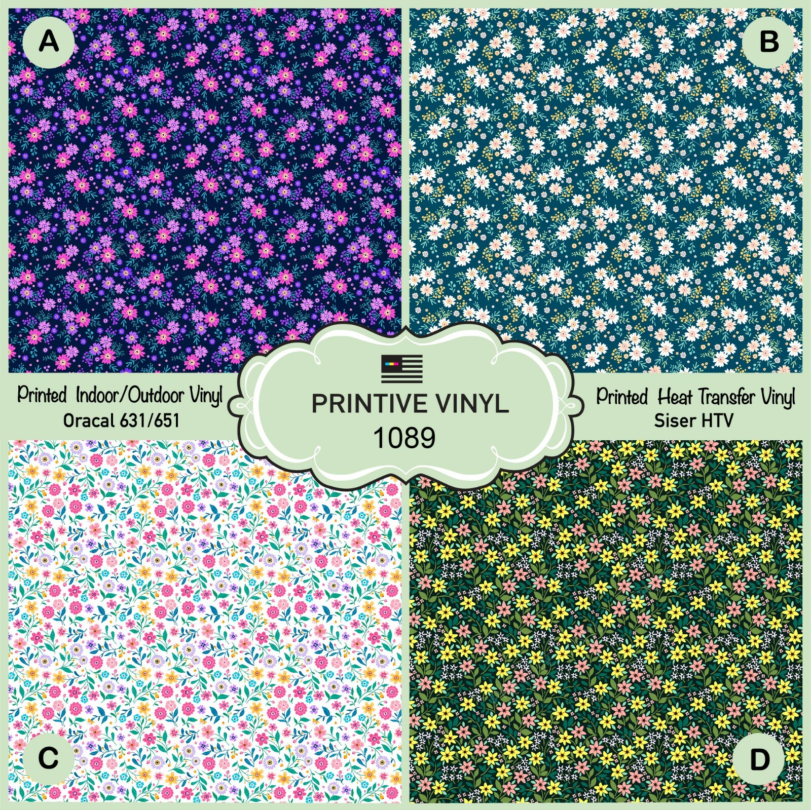 Ditsy Floral Patterned HTV, Printed Adhesive Vinyl, Heat Transfer Vinyl 1089