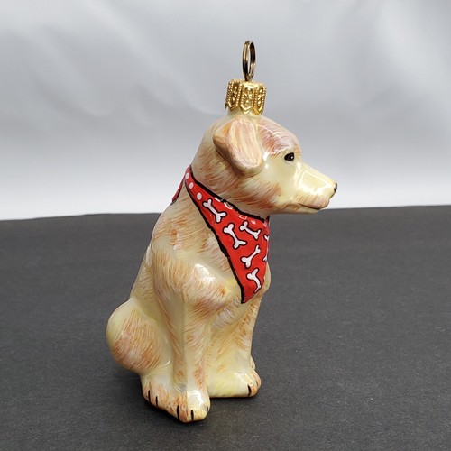 Joy To The World Dog Ornament Yellow Lab Bone Bandana Handmade Glass Poland - Picture 3 of 8