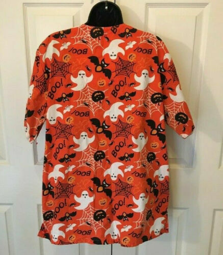 Ladies Halloween Scrubs Top Large Orange Black Pumpkin Ghost Spider Bat Used - Bild 3 von 12