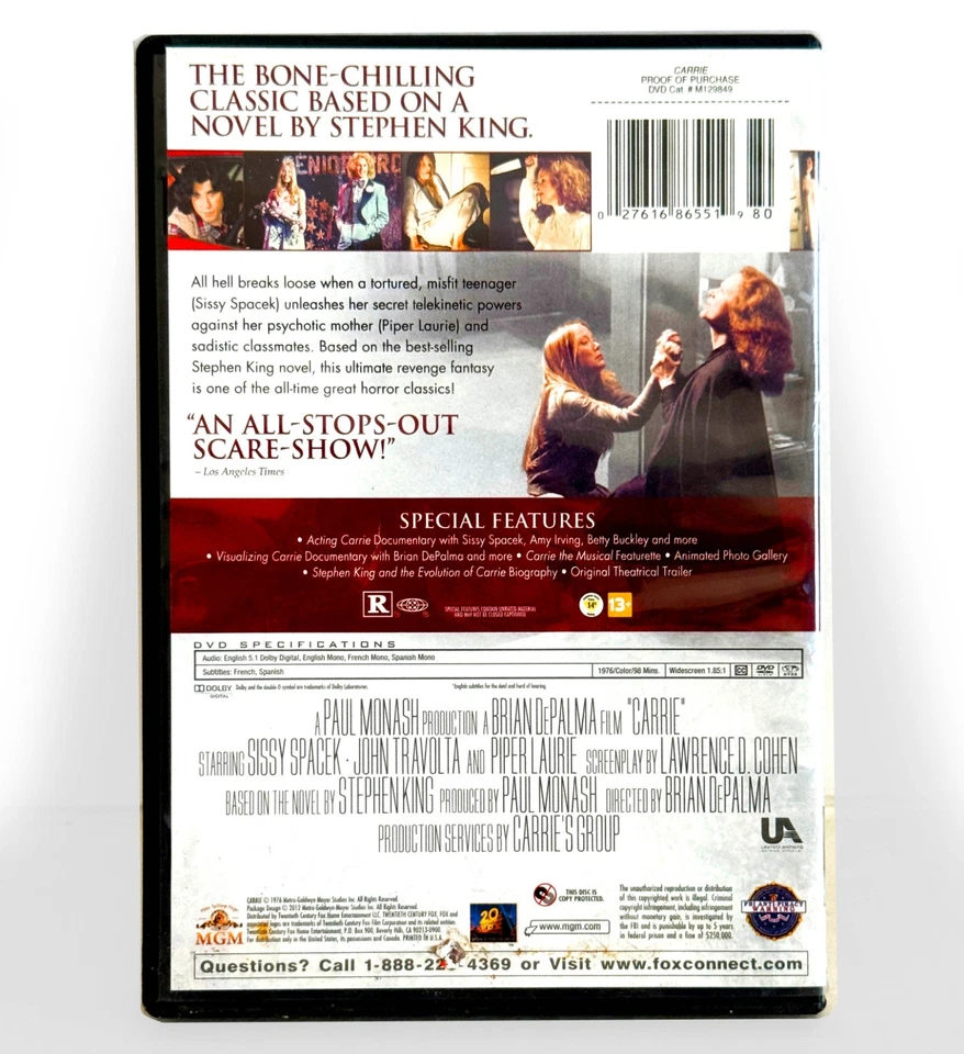 Carrie (DVD, 1976, Widescreen) Like New ! Sissy Spacek Amy Irving - Image 2 of 3