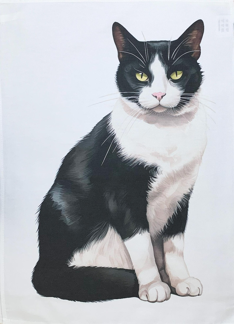 Tea Towel Black and White Cat large, colourful, machine washable, cotton, .
