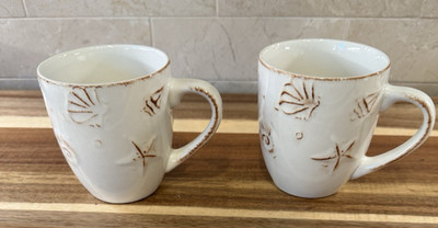 Thompson Pottery Hampton Off White Seashell Embossed Coffee Mug Tea Cup Set of 2