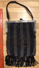 VTG Victorian Beaded Purse Evening Bag Antique Flapper Silvertone Stripes Fringe