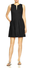 HALSTON HERITAGE Split Notch Neck Linen Blend Pleated Pocket Dress 14 Black $345