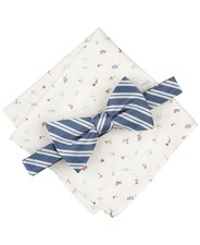 Bar III Mens Varsity Stripe Bow Tie  Floral Pocket Square Set Blue Denim