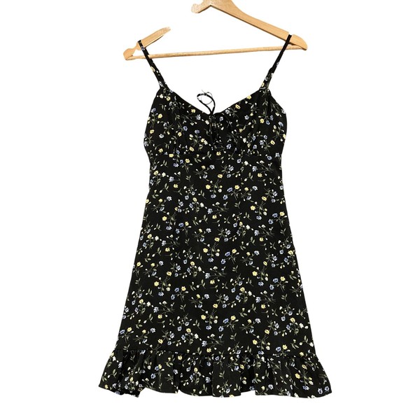 Luck & Trouble Dress Womens 6 Black Floral Slip Mini Strappy Ruffle Summer