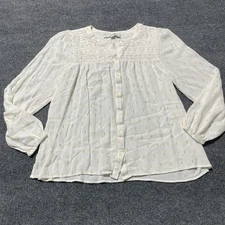 LOFT Shirt Womens Small White Button Front Smocked Yoke Long Sleeve Boho Blouse