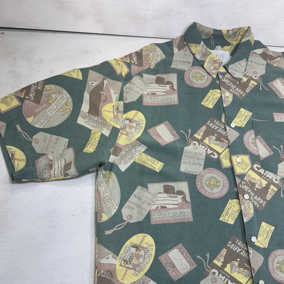 Camisa havaiana masculina Gap linho L bilhete de viagem short slv vintage anos 90 Y2k tamanho grande - Imagem 4 de 4