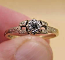 Antique 9k Gold & Diamond Solitaire Art Deco Ring With Plat Mount Size N 1/12