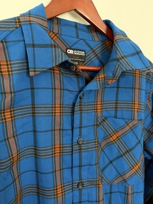 Outdoor Research Kulshan Blue Gold Plaid Long Sleeve Flannel Shirt Mens Medium