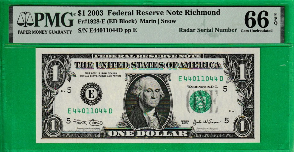 $1  Federal Reserve note RADAR Serial Number  4401 1044 PMG 66 - Image 2 of 3