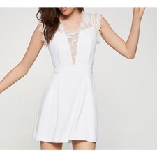 BCBG dress women's 12 lace back pleated fit & flare cocktail mini white coquette