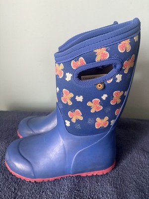 Girls BOG Boots Size Youth 1 Blue Butterfly EUC Winter/Spring Snow Boots