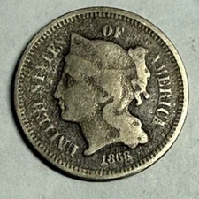 1868 nickel U.S. three cent piece. 3c. VG, porous. #u2