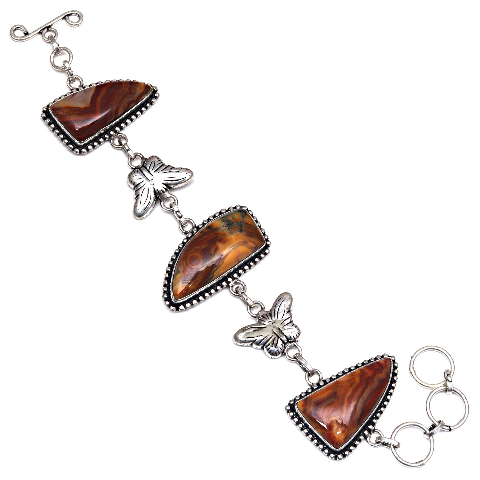 Handmade Sterling Silver Adjustable Lace Agate Gemstone Cuff Bracelet