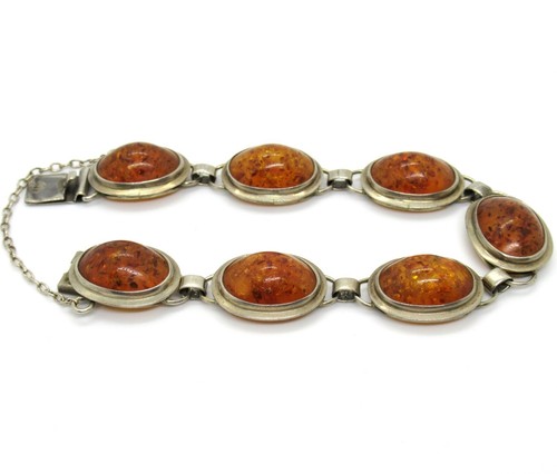 VINTAGE Armband 935 Silber Bernstein Cabochons Silver Bracelet Amber Art Deco? - Picture 6 of 7