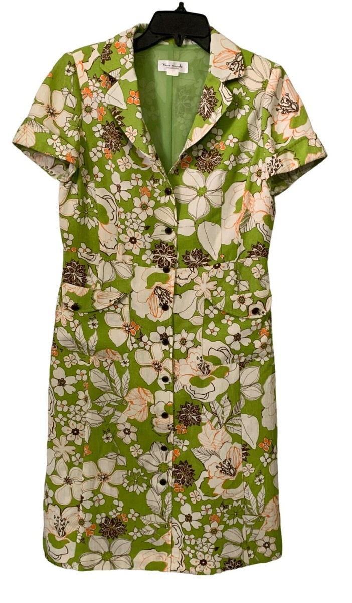 VTG Retro Yun Mode Collection Green Floral Button-Down Short Sleeve Dress