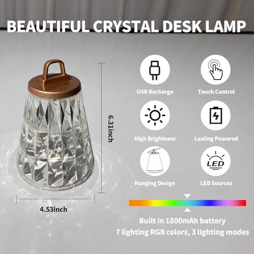 2 Pack Crystal Table Lamp LED Touch Bedside Table LampUSB Rechargeable Table ... - Picture 4 of 9