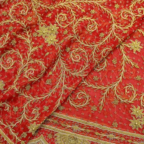 Vintage Heavy Bridal Dupatta Red Pure Chiffon Silk Long Stole Hand Embroidered - Picture 20 of 24
