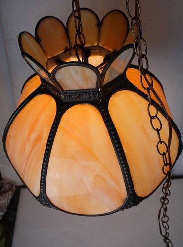 VINTAGE BENT SLAG STAINED GLASS HANGING CHANDELIER 17" DIAMETER EARTH TONE - Picture 19 of 21