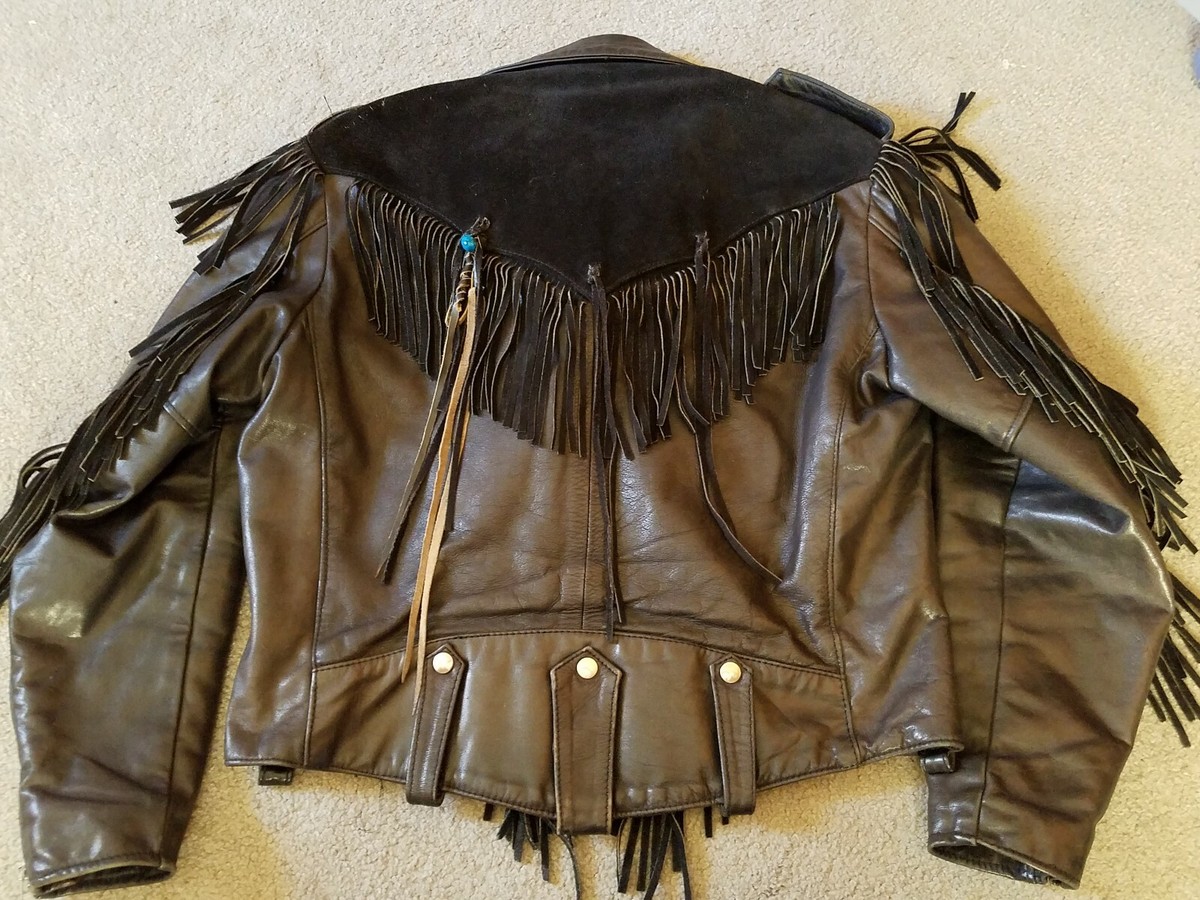 Leather Motorcycle Jacket Black Suede Panels Fringe 1960s Sz