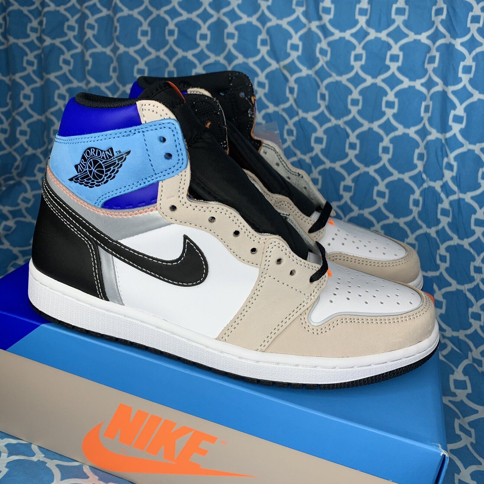 blue white and black jordan 1 shiny