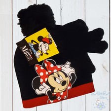 2 PCS SET MINNIE MOUSE DISNEY AUTHENTIC GIRLS KNIT BEANIE POM POM HAT  GLOVES