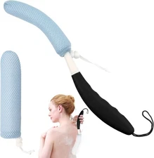 15.35" Back Bath Brush with Sponge,Back Scrubber Bath Mesh with Curved Long Hand