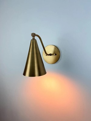Handmade Brass Wall Sconce: Raw Brass Cone Shade, Mid-Century Brass Wall Lamp