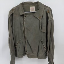 Free People Olive Green Pinstripe Linen Blend Moto Utility Jacket Small S