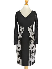 Karen Millen Size 8 Black White Wiggle Bodycon Dress Lace Mesh Embellished 