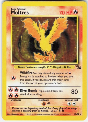 Pokemon Moltres 12/62 Rare Fossil Pokemon Unlimited Holo Lightly Played